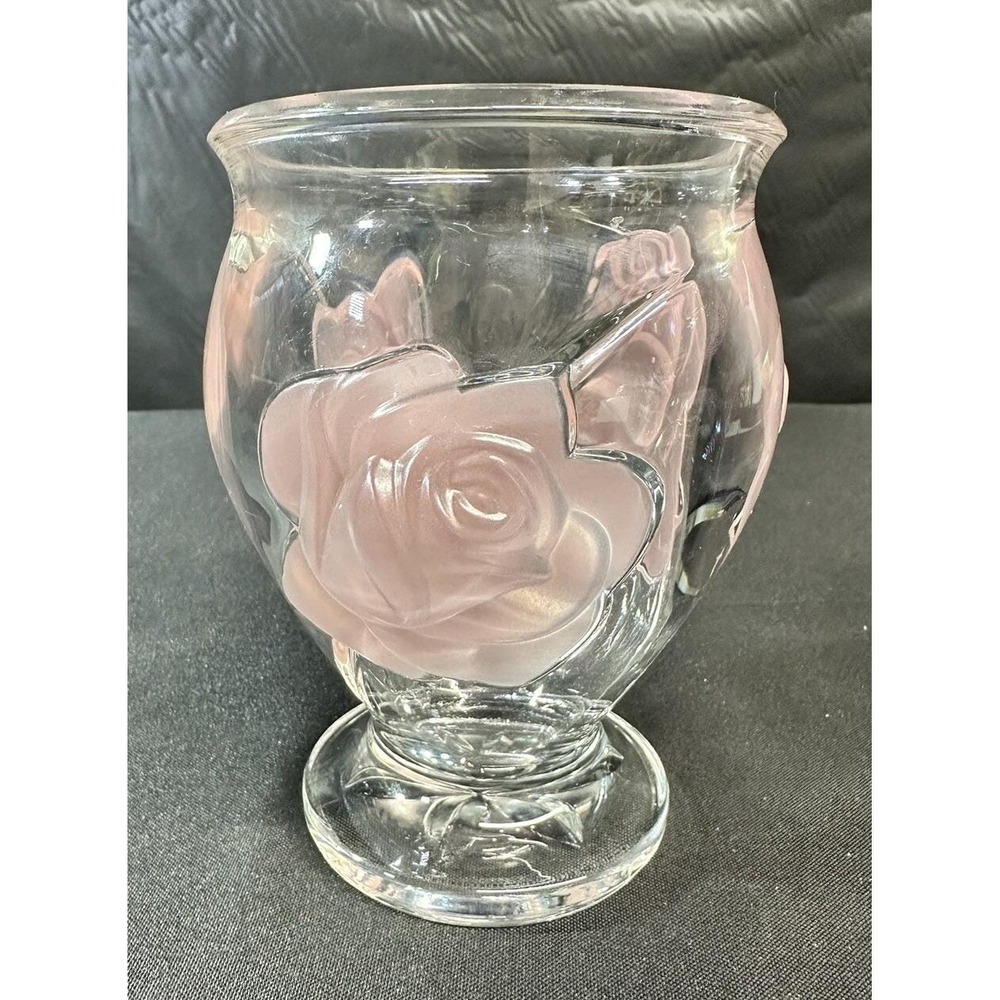 Vintage Teleflora France Art Glass Vase Pink Frosted 3D Roses 6" Floral Decor